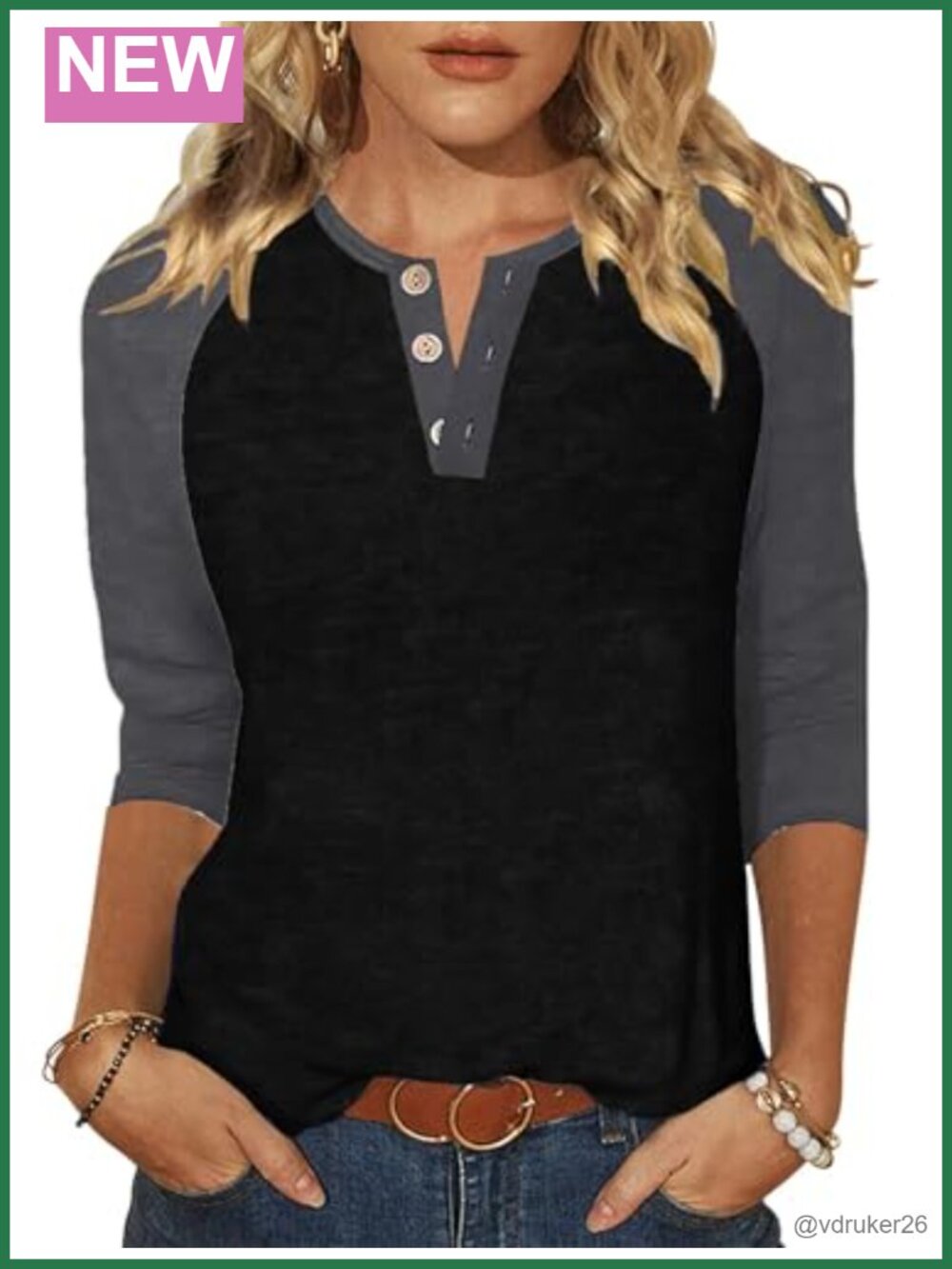 Women's 3/4 Raglan Sleeve Henley T-Shirt Loose Fit Casual Tunic Top